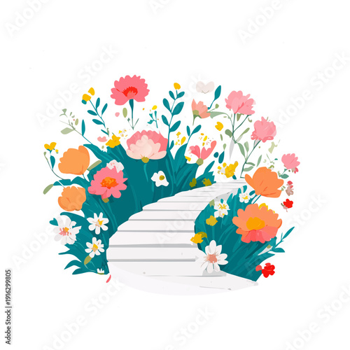 Bright blue path winding through a flower garden with colorful blossoms and green leaves in nature
