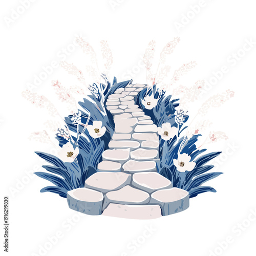 Stone walkway through a field of wild flowers and green grass under a clear nature sky