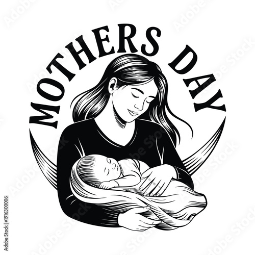 Mother holding baby with Mothers Day text in black and white linocut style 1