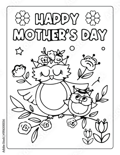 Mother's Day card with two owls and flowers in black and white