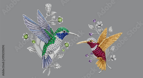 Two Hummingbirds in Flight with Flowers.