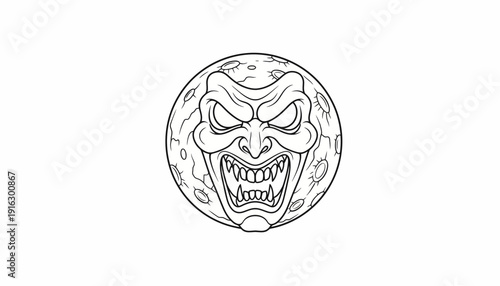 Scary Moon Face with Fangs and Evil Eyes - Black and White Vector Illustration