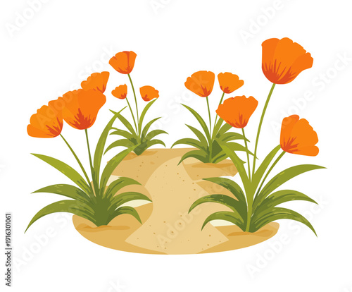 Wallpaper Mural Small Path Surrounded By Orange Poppy Flowers And Green Nature Leaves In A Desert Garden Illustration Torontodigital.ca