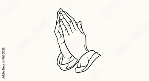 Praying Hands Icon, Religious Symbol, Hope and Faith Concept, Black and White Line Art
