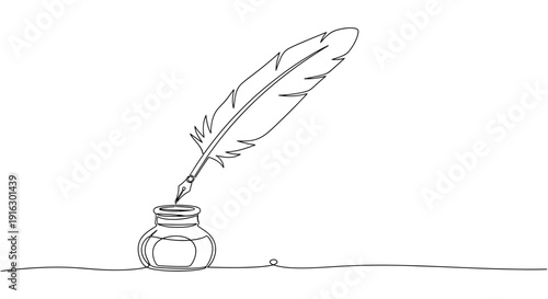 Quill Pen Dipping into Inkwell, Minimalist Line Art, Vintage Writing Tool