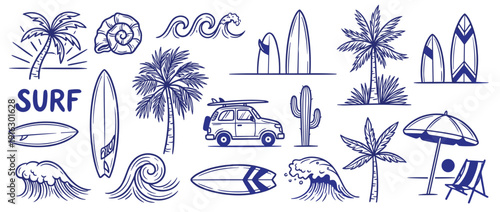 Summer Surf Beach Collection with Surfboards Palm Trees Ocean Waves Vintage Car and Umbrella Minimalist Blue Line Art Hand Drawn Vector Illustration