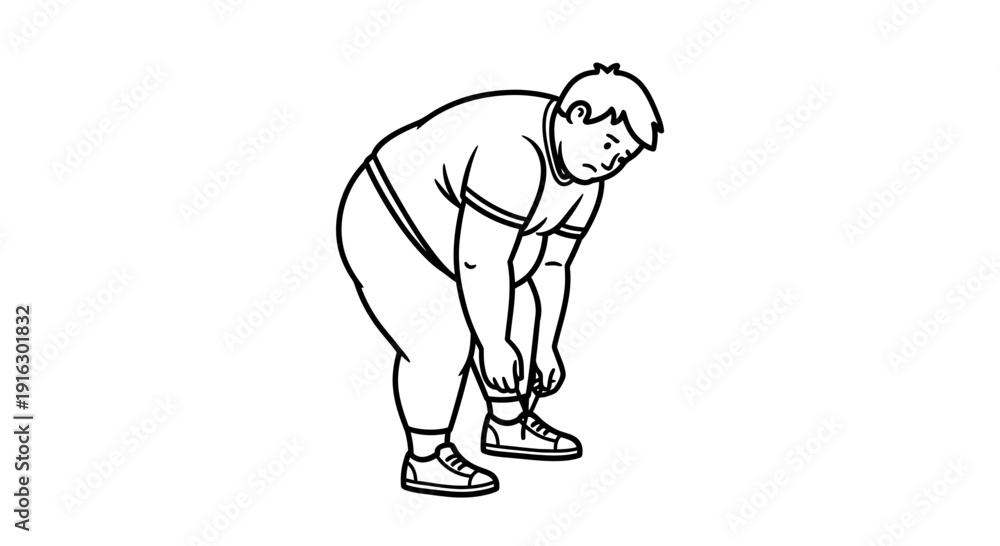 Obraz premium Overweight man tying shoelaces, preparing for exercise, cartoon style