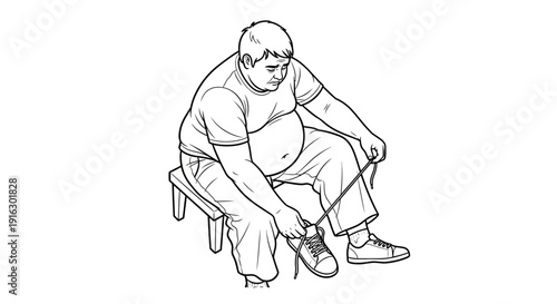 Overweight man sitting on a stool tying shoelaces, healthy lifestyle concept