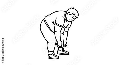 Overweight man tying shoelaces, preparing for exercise, cartoon style