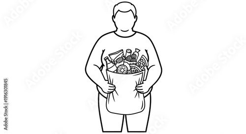 Overweight person holding bag full of unhealthy food, groceries, junk food, obesity concept