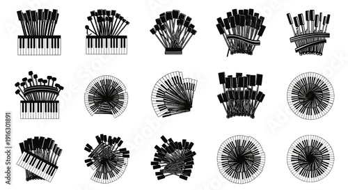 Collection of various whisk illustrations in black and white kitchen utensils for mixing and blending