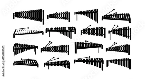 Collection of various xylophone illustrations in black on white background for music education and graphic design