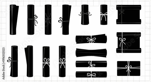 Collection of black gift wrapped presents with ribbons and bows on white background for decoration