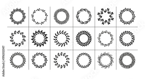 Collection of black floral wreaths on white background for decoration and design