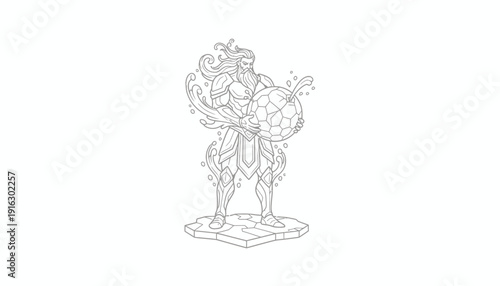 Mythological Water God Holding Orb, Ancient Warrior, Fantasy Character Outline