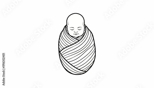 Newborn baby wrapped in a swaddle blanket, peaceful sleep, black and white line art illustration