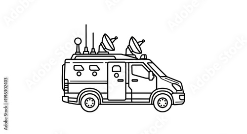 News Broadcast Van with Satellite Dishes and Antennas - Line Art