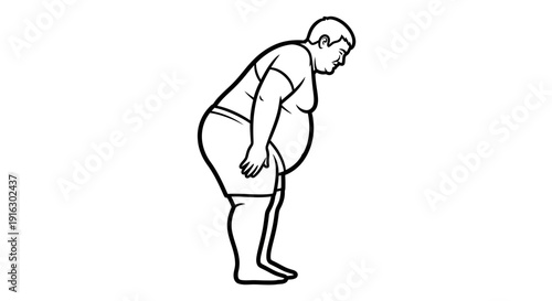 Obese Man Bending Over With Large Belly - Black and White Line Art