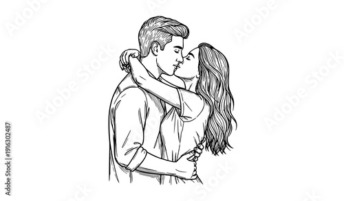 Intimate Embracing Couple Kiss Black and White Outline Sketch Vector Clipart