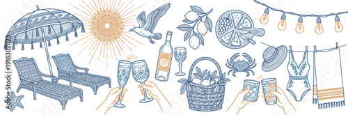 Summer Beach Vacation Collection with Loungers Umbrella Sun Seagull Pizza Wine and Swimwear Minimalist Hand Drawn Line Art Vector Illustration Set