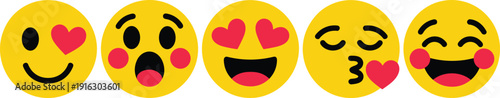Cute Emoji Face Set with Love Kiss Smile and Laughing Expressions Cartoon Vector Illustration Collection