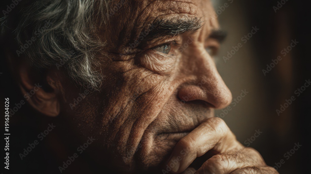 Obraz premium Gray-haired man in reflection, contemplating memory recall