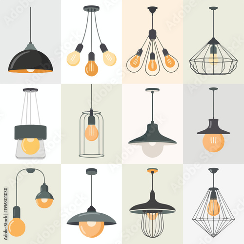 Modern Pendant Lighting Collection – Flat Vector Illustration Set for Interior Design, Home Decor & E-commerce Themes

