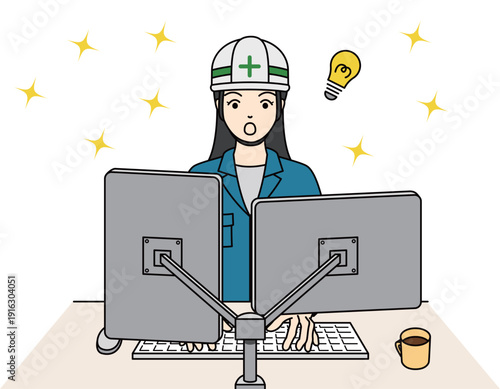現場事務で名案を思いつき驚く女性作業員のイラスト