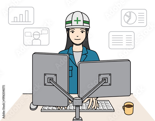 多くのデータを分析し管理する女性作業員のイラスト