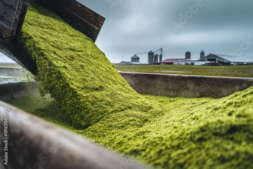 Green corn silage dumped into a concrete storage pit on a rural farm