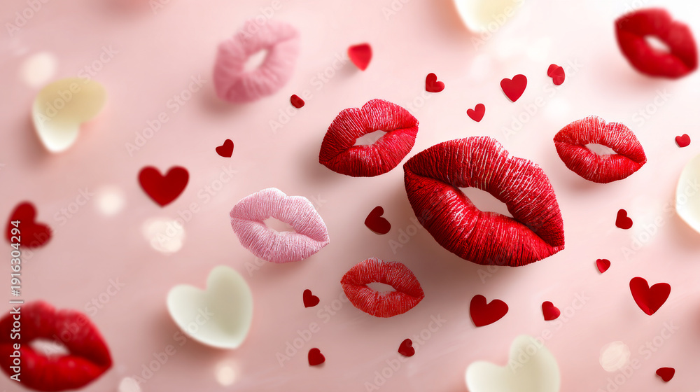 Fototapeta premium Colorful hearts and lips celebrate love. Red and pink lips with hearts surround a light pink background showing a festive feel for love and friendship.