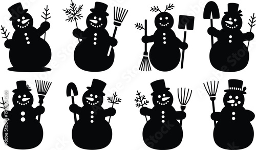 Snowman winter silhouette set, cute christmas characters holding shovel rake snowflake vector illustration isolated on white background