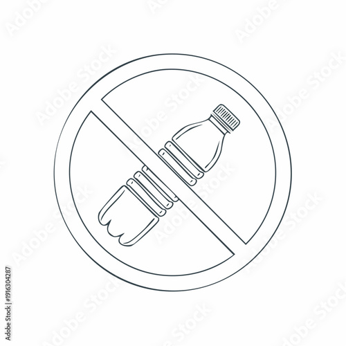 A clear line art illustration showing a plastic bottle crossed out within a circle, symbolizing a ban or prohibition on plastic bottles.