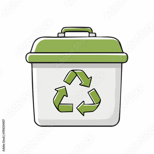 A simple cartoon illustration of a white recycling bin with a green lid and a green recycling symbol on its front, promoting environmental care.