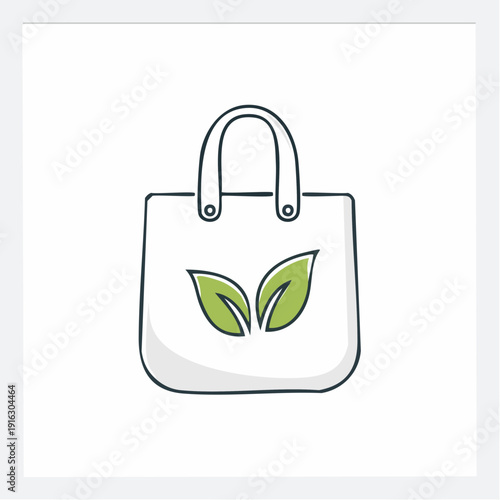 Hand-drawn icon of a white reusable shopping bag with green leaves, symbolizing eco-friendliness and sustainability.