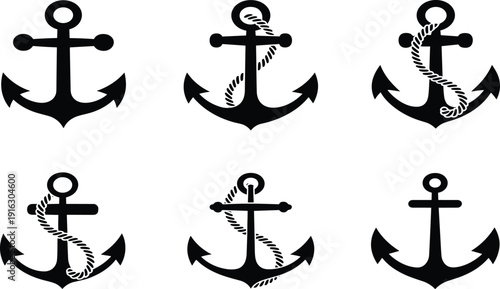 Nautical anchor silhouette icon set, maritime marine sailing symbols with rope, black flat vector ocean