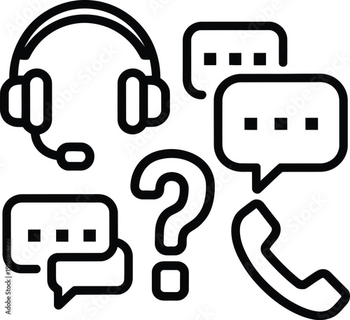 Customer support and help center icon. Vector outline illustration. Headset operator with speech bubbles and question mark symbol. Call center concept.