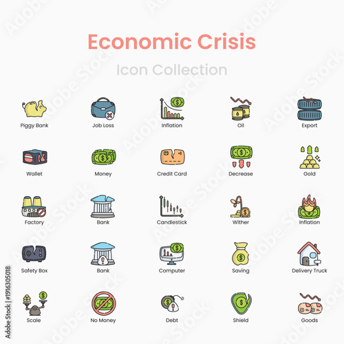 Finance and economic crisis vector icons with debt loss and inflation