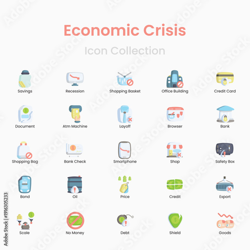 Economic crisis vector icon collection for recession and market decline themes