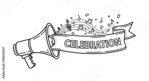 Megaphone announcing celebration with music notes and confetti, black and white line art