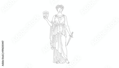 Melpomene Muse of Tragedy holding mask and sword, ancient Greek sculpture outline