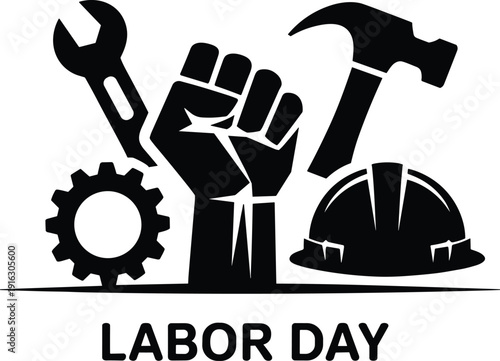 Labor Day worker tools silhouette, wrench hammer gear helmet illustration, construction industry celebration vector design isolated on white