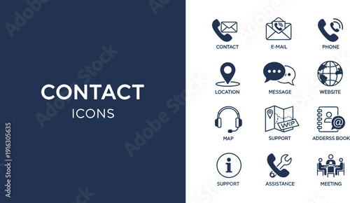 Collection of professional contact icons including phone email message location and support symbols for business communication website interface and customer service design