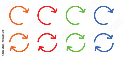 Circular refresh arrow icon set. Colorful rotation and reload symbols collection. Loop and sync arrows for workflow and interface design.