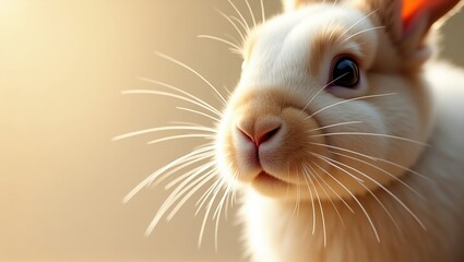 Extremely close up portrait photograph of a cute, small, light-colored pet rabbit focusing intensely on its damp pink nose and long, sensitive white whiskers illuminated by warm sunlight