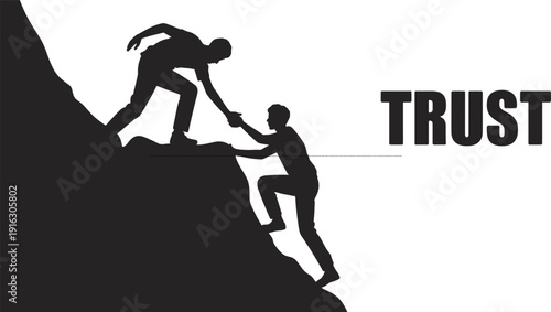 Trust teamwork concept silhouette, helping hand climbing mountain illustration, partnership support motivation success leadership vector design isolated
