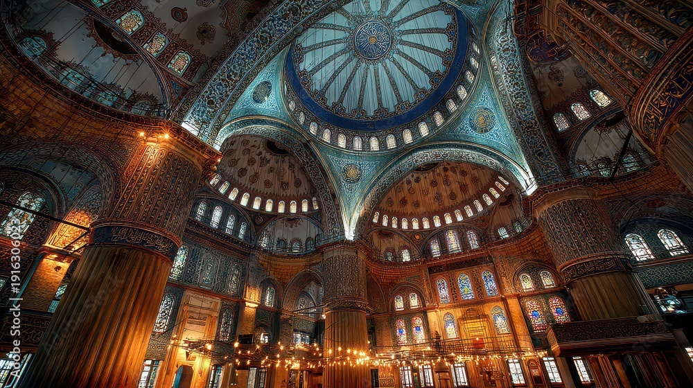 Obraz premium Magnificent Interior of Historic Mosque with Colorful Domes and Arches