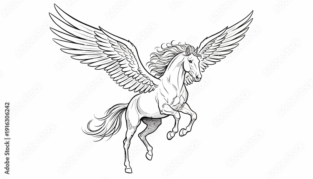 Obraz premium Majestic Pegasus Horse with Spreading Wings, Mythical Creature, Fantasy Art, Line Drawing