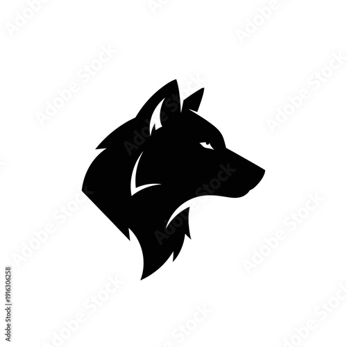 Black wolf head silhouette, fierce profile, minimalist logo, wild animal vector art