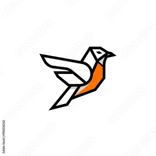 Geometric origami robin bird logo, abstract minimalist design, flying, white and orange colors